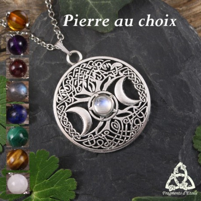 Collier ésotérique Arbre de Vie, Triple Lune et Pentagramme argenté.