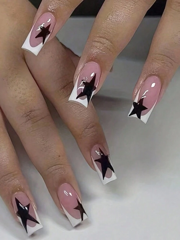 Elevate Your Style With 24 Pcs Glossy Pink Square Fake Nails, Medium Long White French Tip Press On Nails With Black Pentagram Design, Sweet Cool False Nails For Women Girls Daily Wear Nail Supplies | SHEIN