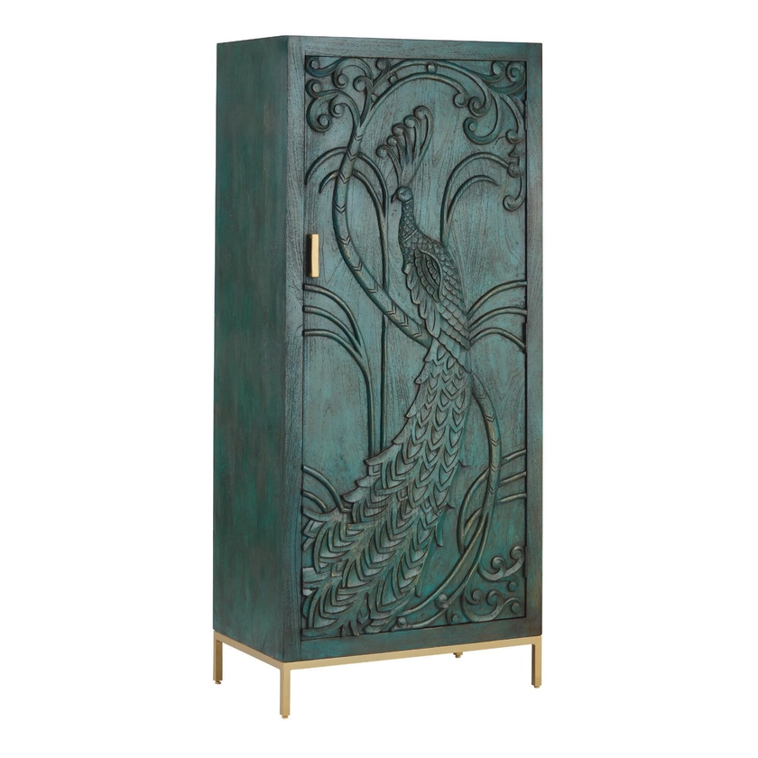 CRAFT Tall Teal Carved Wood Peacock Storage Cabinet - World Market
