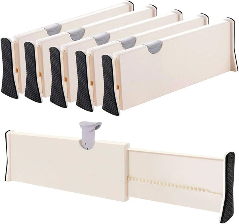 Drawer Dividers Organizer 5 Pack, Adjustable Separators 4" High Expandable from 11-17" for Bedroom, Bathroom, Closet,Clothing, Office, Kitchen Storage, Strong Secure Hold, Foam Ends, Locks in Place