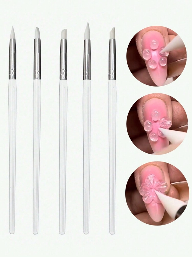 5Pcs Silicone Nail Brush Carving Emboss Hollow Pottery Sculpture UV Gel Shaping Silicone Brushes For Modeling Nail Art DIY Tool