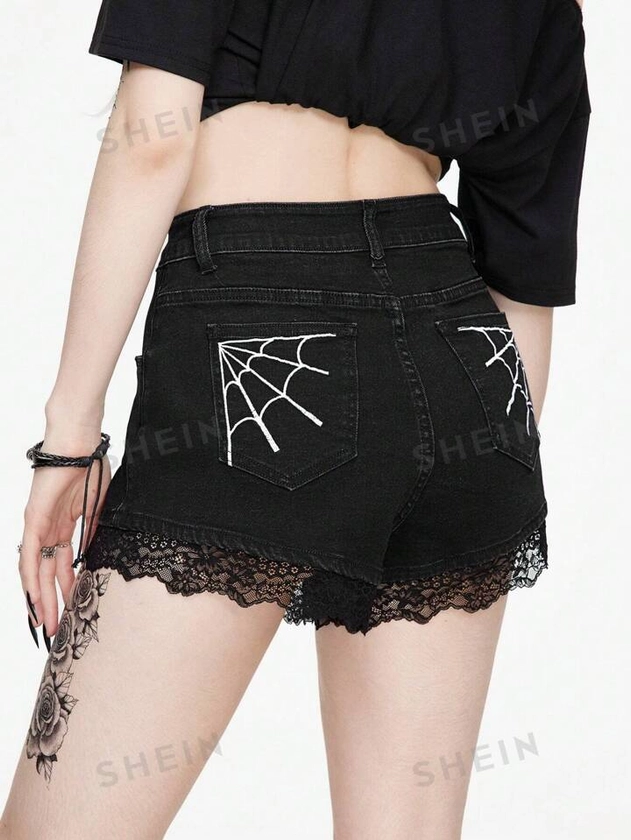 ROMWE Goth Shorts de mezclilla con bolsillos de tela de araña, encaje de contraste, para uso casual de verano para mujeres, para la escuela