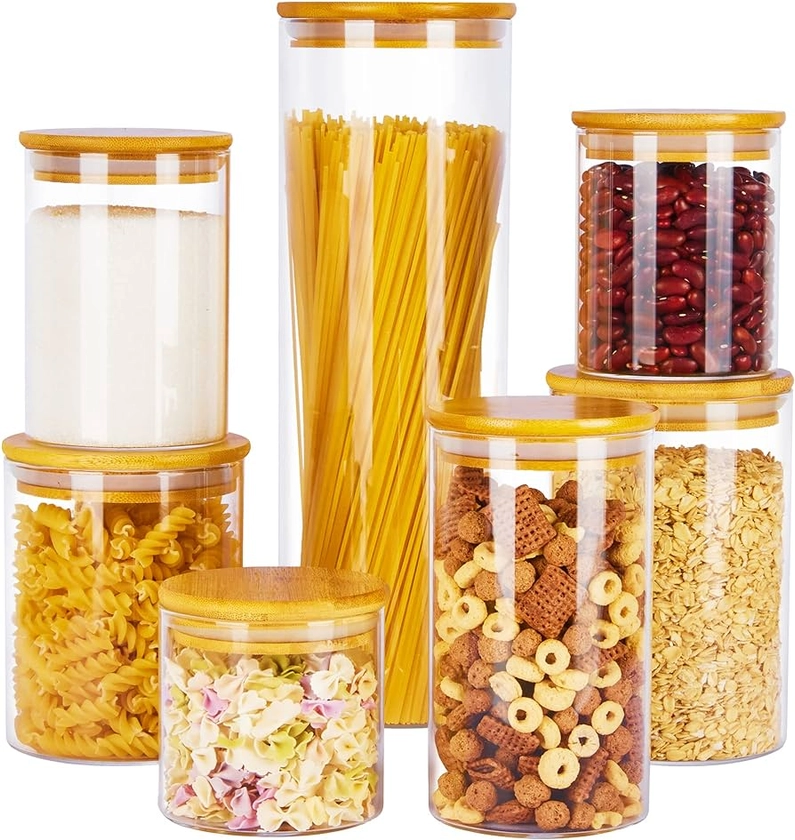 Vtopmart 7-Pack BPA Free Glass Food Storage Jars with Airtight Bamboo Wooden Lids for Pasta, Nuts, Coffee Beans, Cereal and Kitchen Pantry Organization