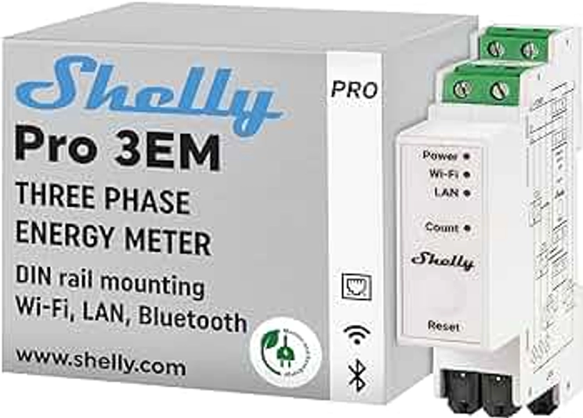 Shelly Pro 3EM, Compteur électrique triphasé 120 A, Rail DIN, Mesure à 4 quadrants, Précision de mesure d'1% de l'énergie active, Prise en charge MODBUS, Connectivité LAN, Wi-Fi & Bluetooth, Scripts