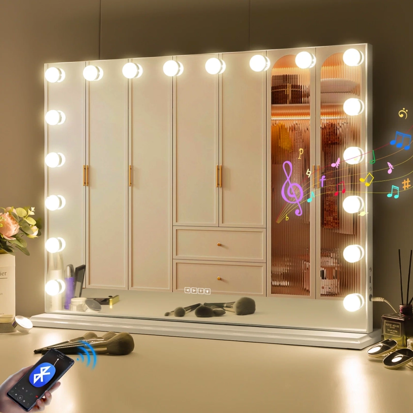 Fenchilin 32"x23" Vanity Mirror with Lights Bluetooth Tabletop Wall Mount Metal White - Walmart.com