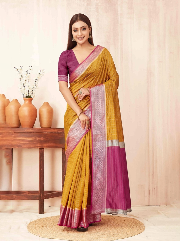 Silk Land Checked Zari Banarasi Silk Gadwal Saree