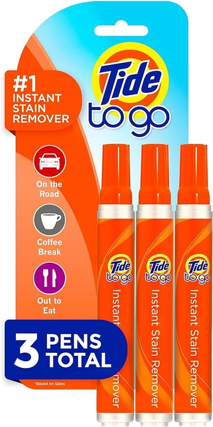 Tide Pen Stain Remover for Clothes, Tide To Go Pen, Instant Stain Remover Pen & Spot Cleaner, Portable & Travel-Friendly, Works on Food & Drink Stains, Fits in Purses & Bags, 3 Count (Pack of 1)
