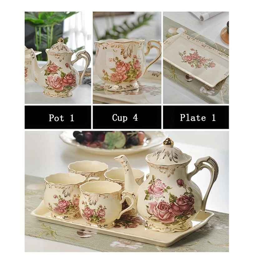 10pcs Ceramic *, * Retro Light Luxury * Pattern *, Water Cup, Light Yellow * * Set, For Afternoon Tea, Restaurant, Living Room