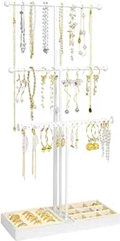 Jewelry Stand Necklace Holder, 3 Tier Necklace Organizer With Velvet Earrings Rings Tray, Adjustable Height Jewelry Organizer, Necklaces Hanging Storage Tree Display For Bracelets Bangles Watches