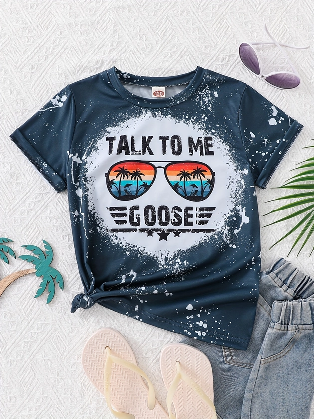 Girls Coconut Tree Sunglasses And Letter Graphic T-Shirt Casual Round Neck Tees Top Teen Kids Summer Clothes