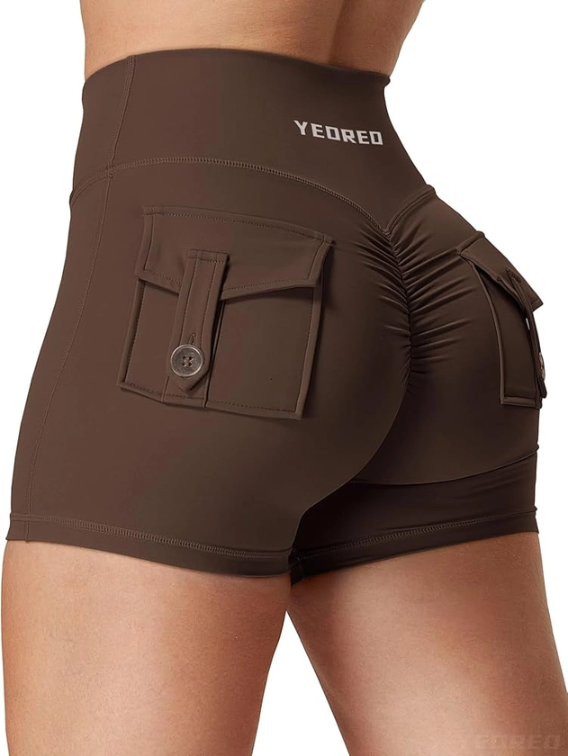 YEOREO Scrunch Workout Shorts with Pockets Charm Gym Biker shorts for Women High Waisted Yoga Booty Shorts Chocolate XS at Amazon Women’s Clothing store