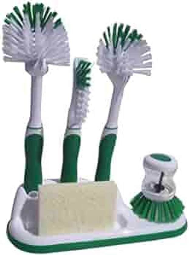 Kitchen Cleaning 6 Piece Set, Including Sponge and Caddy for Scrubbing Dishes, Bottles, Utensils, Sinks, Grout, Peeling and Cleaning Vegetables (Green)