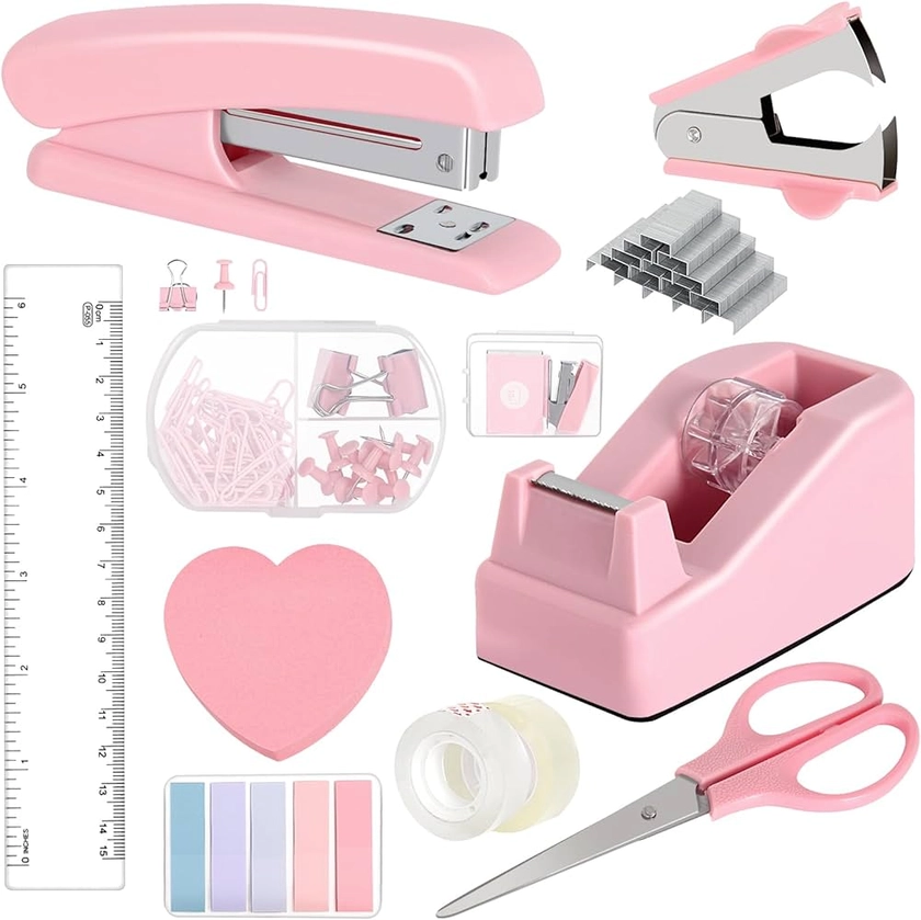 Office Supplies Set, Pink Stapler and Tape Dispenser Set with Staple Remover, Stapler and Staples Set with 1000 Staples, Clips, Tape, Scissor and Tabs, Desk Accessories for Student : Amazon.co.uk: Stationery & Office Supplies