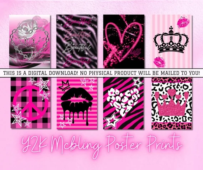 Y2K MCBLING Poster Prints Instant DIGITAL DOWNLOAD (No Mailing) - Pink & Black Zebra Cheetah Barbiecore Aesthetic - Includes 5 Sizes!