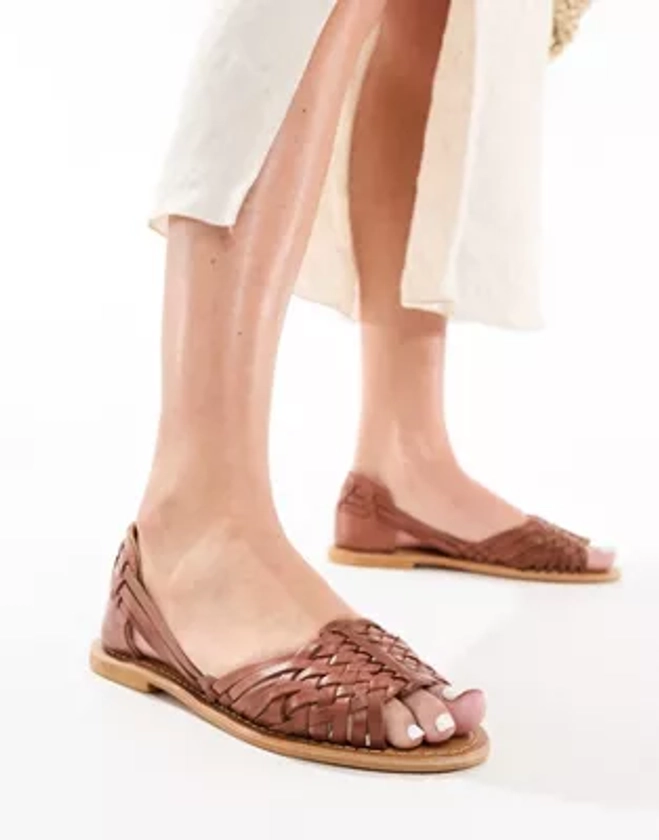 ASOS DESIGN Francis leather woven flat sandals in tan | ASOS