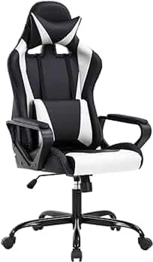 BestOffice Ergonomic Office Chair, High-Back White Gaming Chair with Lumbar Support PC Computer Chair Racing Chair PU Task Chair Ergonomic Executive Swivel Rolling Chair for Back Pain People,White
