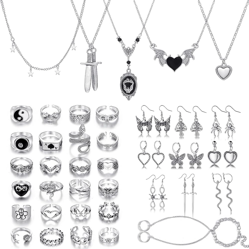 KISS WIFE Metal Punk Goth Horror Jewelry Set for Women Girls, Vintage Silver Necklaces Earrings Knuckle Rings and Chain Bracelet Set, Goth Grunge Y2K Emo Jewelry Sets Party Costume Accessories Gifts
