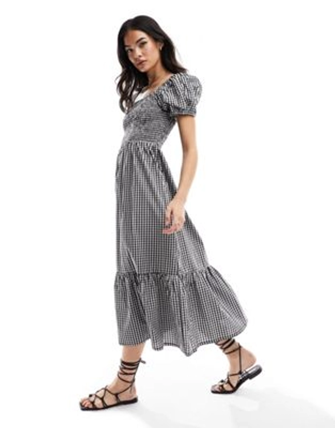 Esmee beach puff sleeve ruched maxi dress in gingham | ASOS