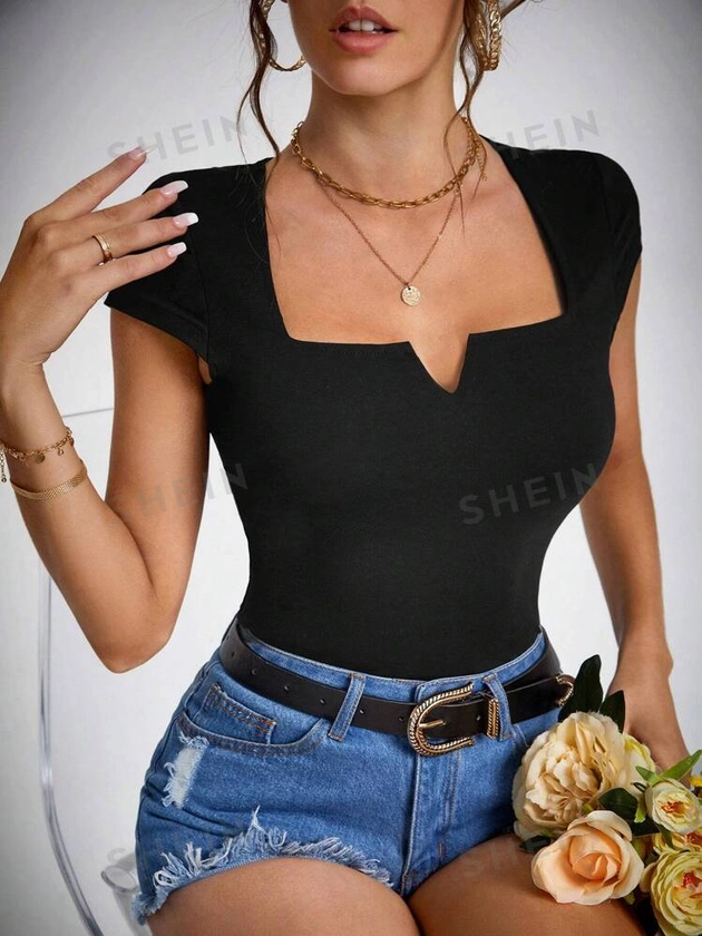 SHEIN Tall Solid Notched Neck Tee