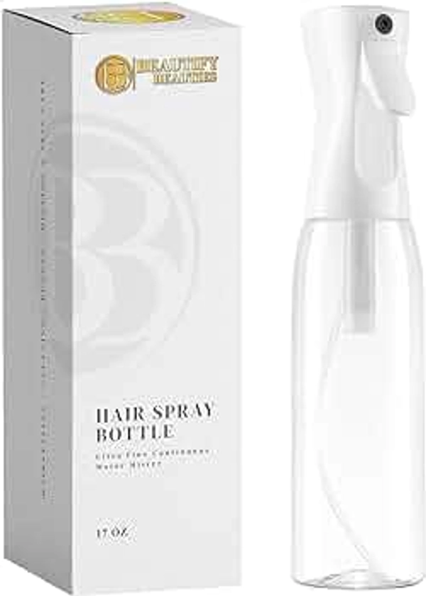 BeautifyBeauties Spray Bottle For Hair – Continuous Mister Spray Bottle for Hairstyling, Cleaning, Plants, Pets, Barbers, Salons, Essential Oil Scents (Clear, 18.6oz/500ml)