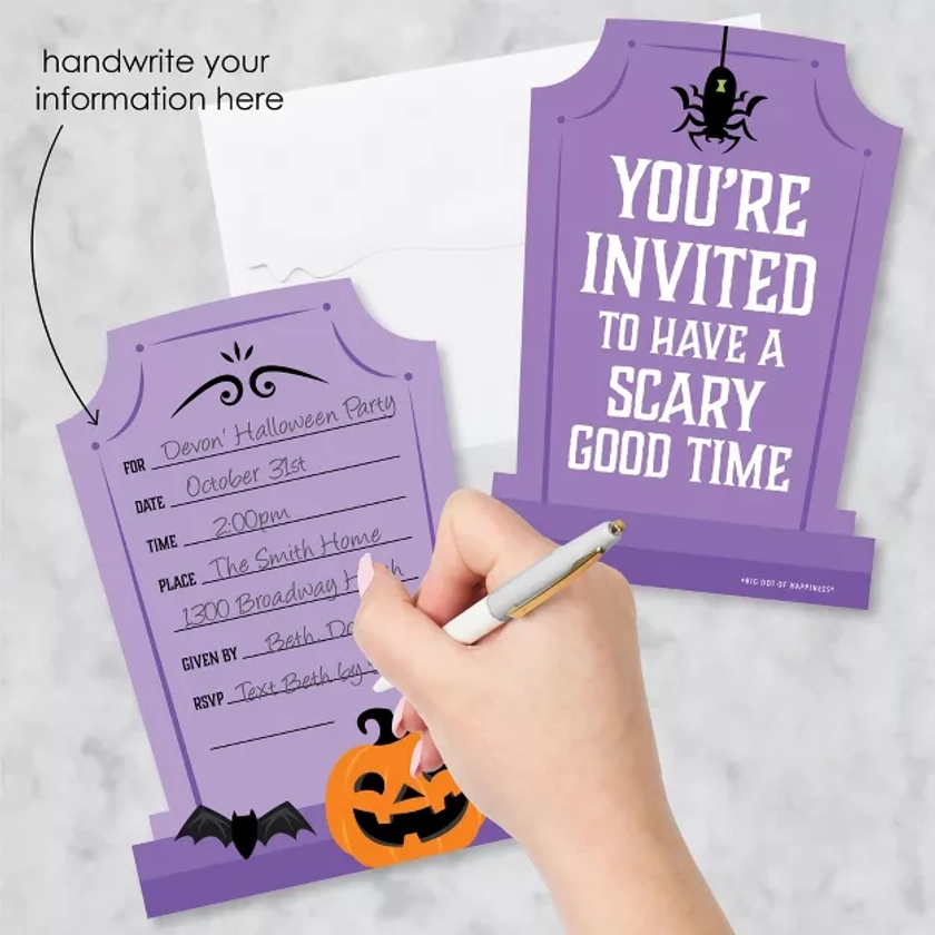 Big Dot of Happiness Cute and Colorful Tombstones - Shaped Fill-In Invitations - Kids Halloween Party Invitation Cards with Envelopes - Set of 12