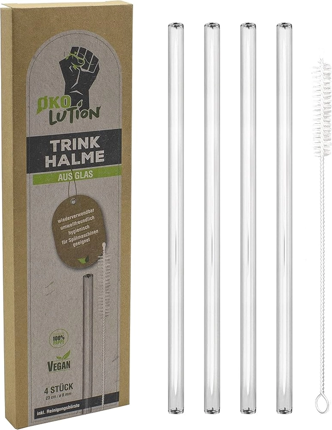 Ökolution Lot de 4 pailles en verre, longueur 23 cm, réutilisables et respectueuses de l'environnement, avec brosse de nettoyage pratique, Ø env. 8 mm, emballage en carton durable FSC 466