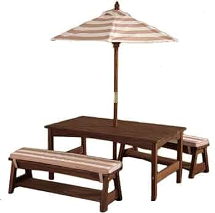 KidKraft Outdoor Wooden Table & Bench Set with Cushions and Umbrella, Kids Backyard Furniture, Espresso with Oatmeal and White Stripe Fabric