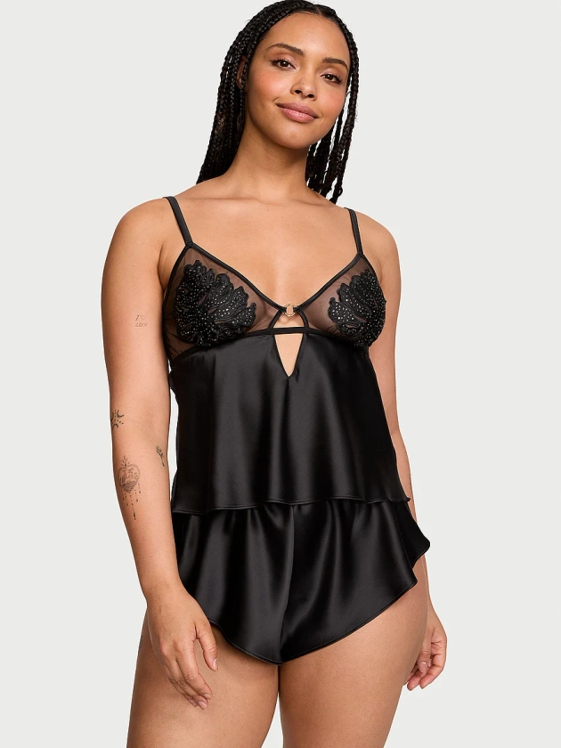 Acheter Ensemble avec caraco à bonnets ouverts en satin à motif feuille tropicale – Commander des ensembles avec caraco en ligne 1124493400 – Victoria's Secret 