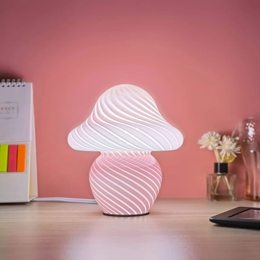 Mushroom Lamp, Small Pink Table Lamp with Striped Glass, Cute Little Swirl Nightstand Lamp for Bedroom, Bedside, Living Room, Gift for Girls Women Birthday Christmas Thanksgiving Day
