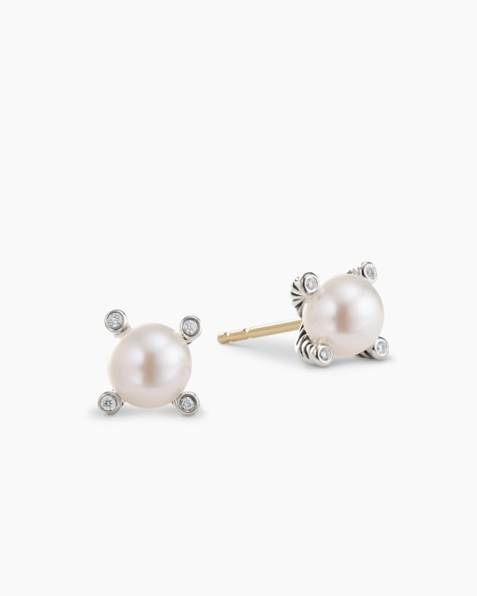 David Yurman | Pearl Stud Earrings in Sterling Silver with Pearls and Diamonds, 7.4mm