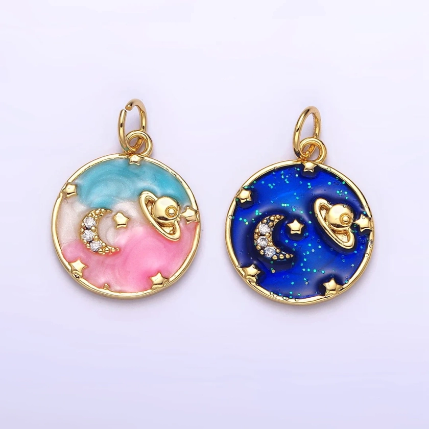 14K Gold Filled Blue, Multicolor Cotton Candy Pink Enamel Galaxy Celestial Planet Stars Round Charm AC1412 AC1413 - Etsy