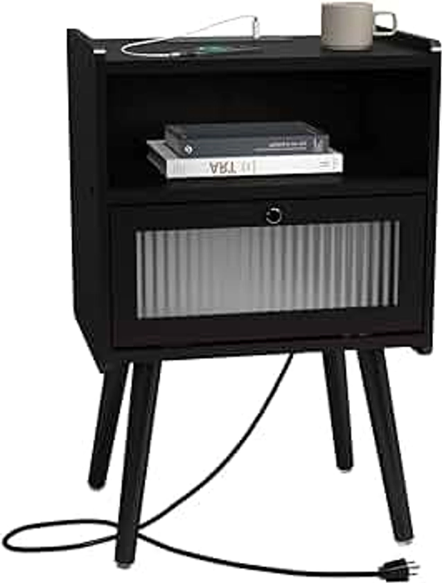 Mid Century Modern Nightstand with Charging Station, Bedside Tables with Glass Decorative Door, End Table Side Table with 2 Tiers Storage Space, for Bedroom, Living Room, Black