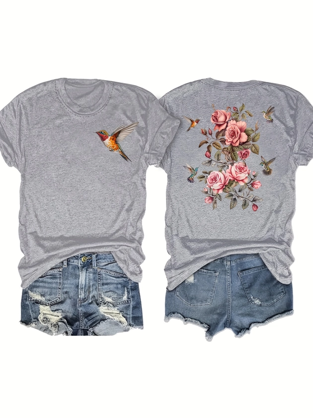 Floral &amp; Bird Print T-shirt, Short Sleeve Crew Neck Casual Top For Summer &amp; Spring, Women&#39;s Clothing