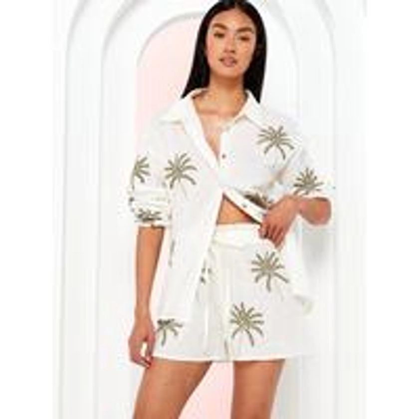 Palm Embroidered Co Ord Beach Short - Cream