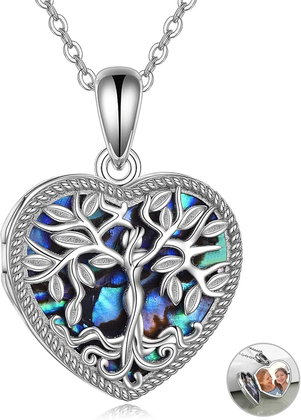 YAFEINI Tree of Life Locket Necklace 925 Sterling Silver Family Tree of Life Abalone/Mother of Pearl Locket Necklace that Holds Pictures for Women Jewelry