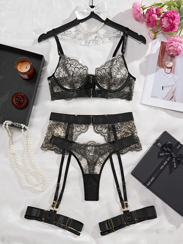 Floral Embroidery Lingerie Set, Elegant Semi Sheer Mesh Intimates Bra &amp; Thong &amp; Garter Belt &amp; Garters, Women&#39;s Sexy Lingerie &amp; Underwear