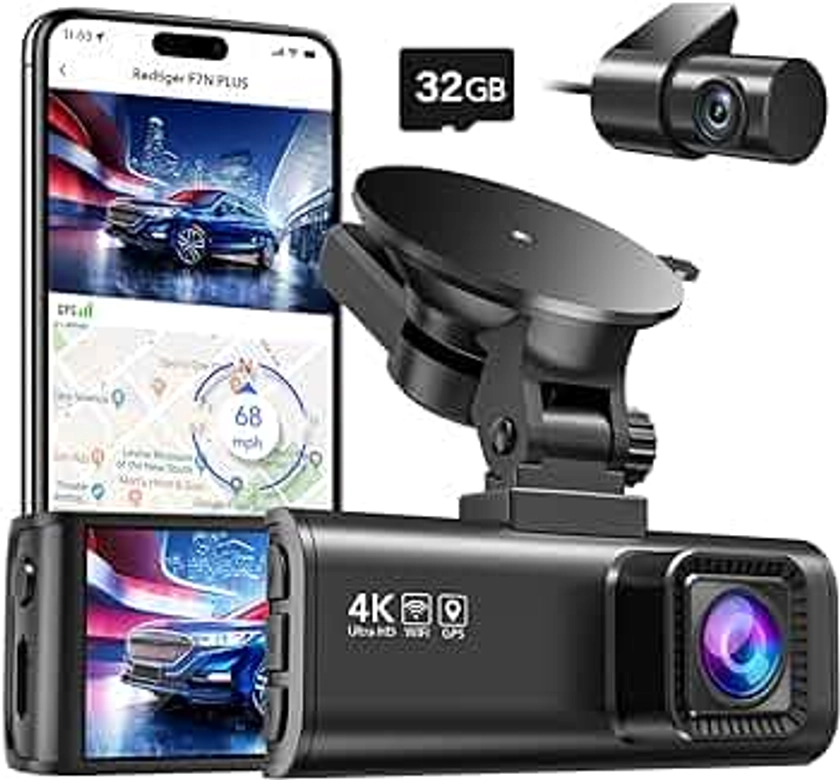 REDTIGER Dash Cam Front Rear, 4K/2.5K Full HD Dash Camera for Cars, Free 32GB SD Card, Built-in Wi-Fi GPS, 3.18” IPS Screen, Night Vision, 170°Wide Angle, WDR, 24H Parking Mode