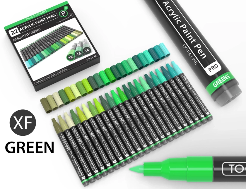 Acrylic Paint Pens 22 Assorted Green Pro Color Series Specialty Markers Set (0.7mm EXTRA FINE)