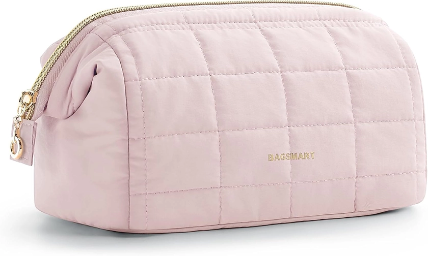 BAGSMART Makeup Bag Travel Toiletry Bag, Puffy Padded Make Up Bags for Women Makeup Organizer Case, Wide-open Pouch Purse Travel Essentials Toiletries Accessories Brushes, Pink