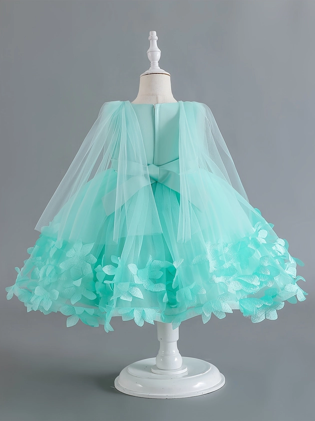 Toddler Kid's Elegant Tulle Cloak Dress, Fabric Floral Decor Sleeveless Dress, Baby Girl's Clothing For Formal Occasion/Birthday Party/Photography