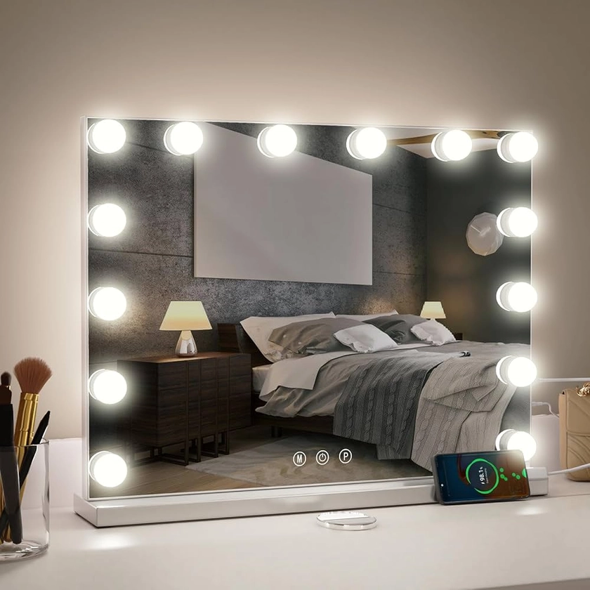 Aovquof Miroir Coiffeuse, Miroir Maquillage Lumineux avec 14 lumières LED, 3 Modes d'éclairage, avec USB et grossissement 10x, pour Installation sur Table ou Fixation Murale pour Chambre (50 * 40cm)