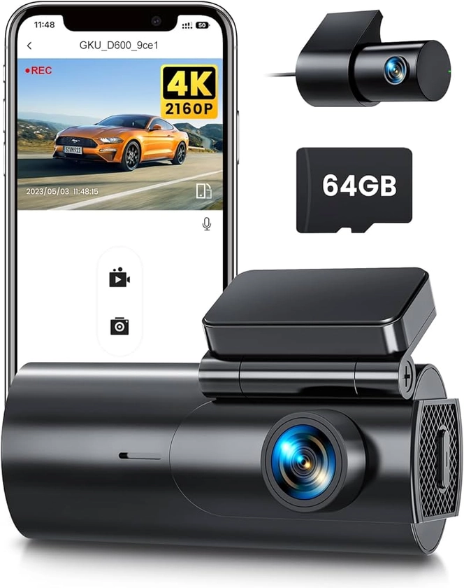 GKU D600 4K Dash Cam Front and Rear WiFi Dashcam with 64GB SD Card, Dual Car Camera Dash Cam with Parking Monitor, Night Vision, WDR, 170° Wide Angle, G-Sensor, Loop Recording, APP Control, Max 256GB