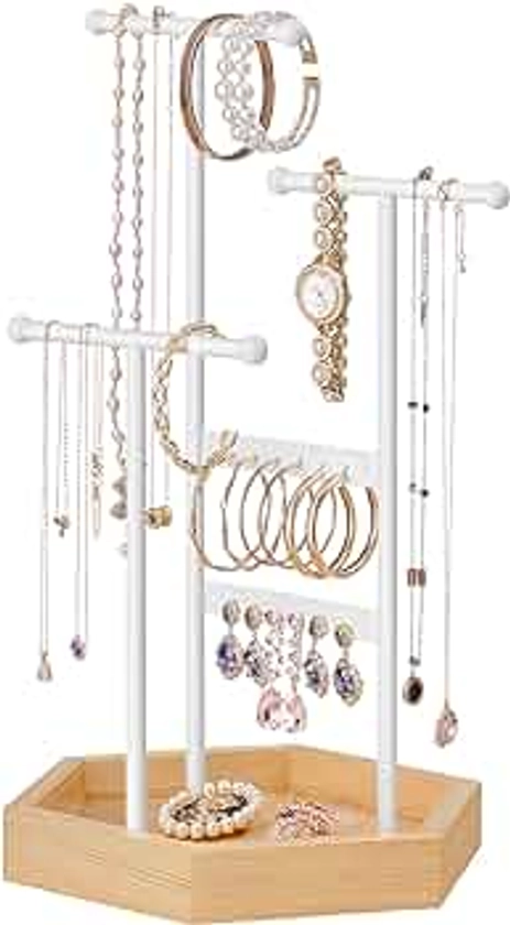 SONGMICS Jewellery Stand, Jewellery Organiser, 4 Independent Zones, Jewellery Display Stand with Metal Frame, Earring Bracelet Necklace Holder, for Rings, White and Natural Beige JJS03NW