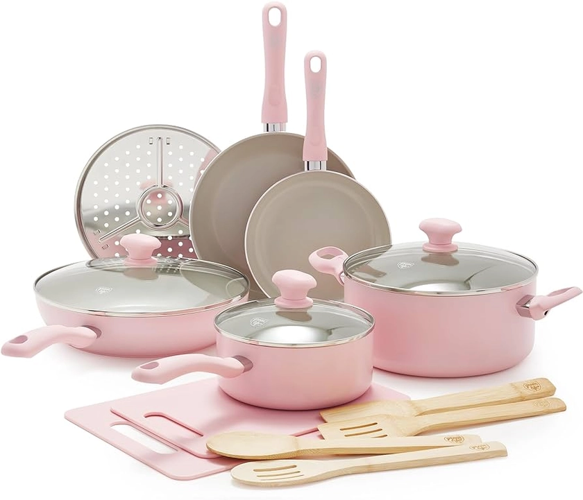 Amazon.com: GreenLife Sandstone Healthy Ceramic Nonstick, 15 Piece Kitchen Cookware Pots and Frying Sauce Pans Set, PFAS- Free, Dishwasher Safe, Pink: Home & Kitchen