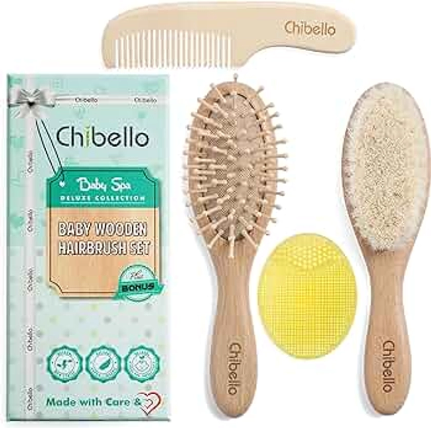 Chibello 4 pièce brosse à cheveux de bébé en bois et ensemble peigne | poils de chèvre naturel brosse | brosse à poils de bois