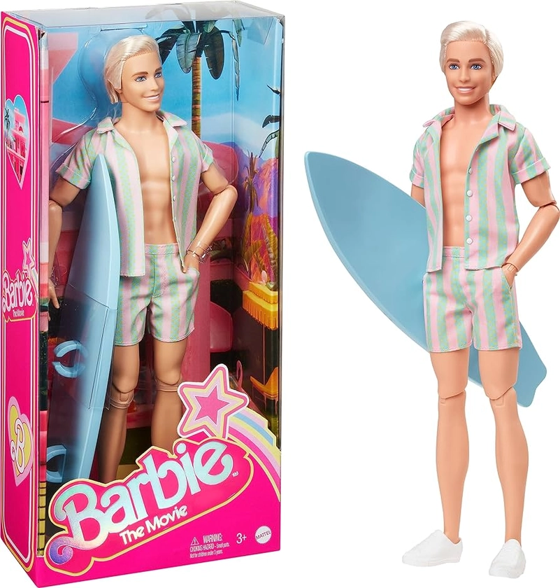 Amazon.com: Barbie The Movie Ken Doll, Collectible Wearing Pastel Pink & Green Striped Beach Matching Set with Surfboard & White Sneakers : Toys & Games