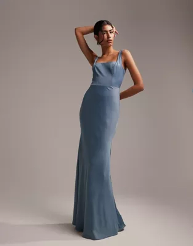 ASOS DESIGN Bridesmaid satin square neck maxi dress in dusky blue | ASOS