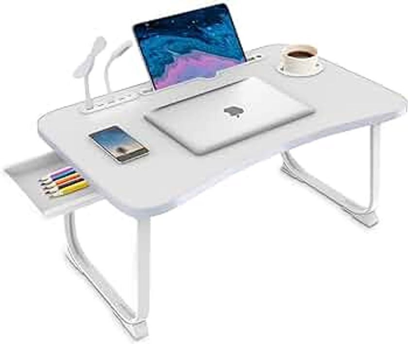 Fayquaze Laptop Bed Desk, Portable Foldable Laptop Bed Table with USB Charge Port Storage Drawer and Cup Holder,Lap Desk Laptop Stand Tray Table Serving Tray for Eating, Reading and Working