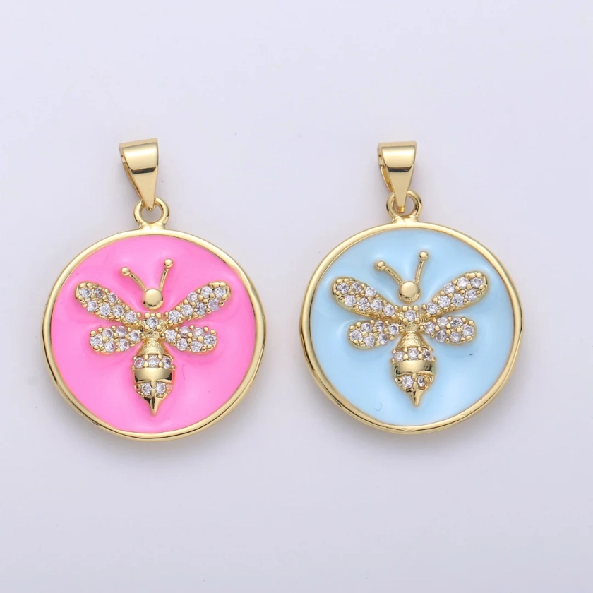 1x Pink Enamel Bee Charms, Blue Enamel Bee, Gold Cubic Bee Charm in Round Disc Charm Medallion, Pastel Bumbell Bee Charm, I-848 - Etsy