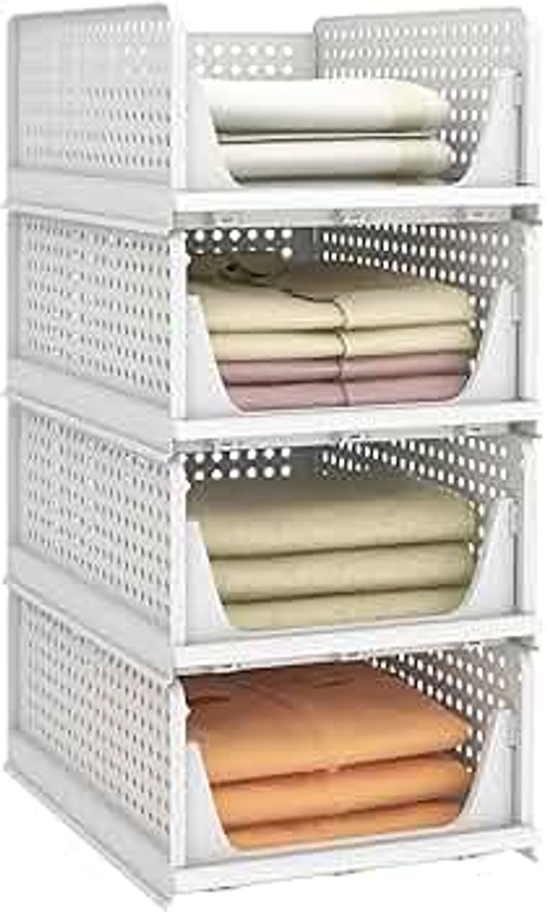 Pinkpum Stackable Plastic Storage Basket, Foldable Closet Organizers and Storage Bins 4 Pack Drawer Shelf Storage Container for Wardrobe Kitchen Bathroom Office Dorm White